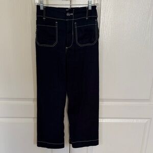 Dark Blue Wide-Leg Pants with White Contrast Stitching